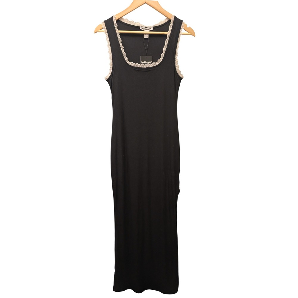 Charlotte Russe Ribbed Lace Trim Maxi Dress Side Slit M Coquette Grunge Y2K Goth